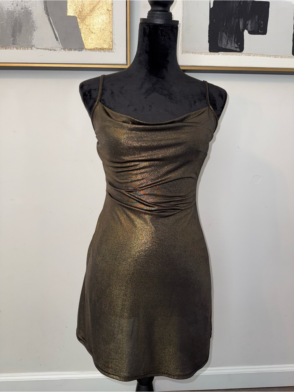 Metallic Bronze Cowl Neck Mini Dress with Spaghetti Straps